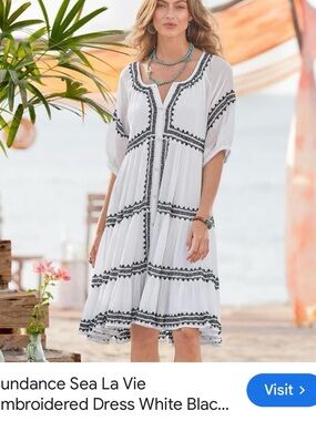 Sundance White Midi Dress with Black Embroidery